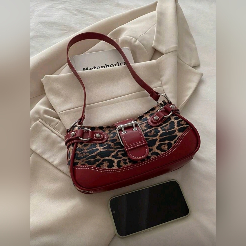 Leopard Print and Red Women's Handbag